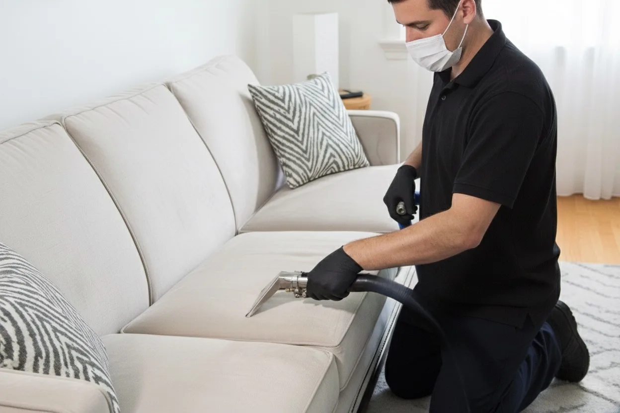Professional cleaner using steam equipment to deep clean a fabric couch, removing stains and dirt.
