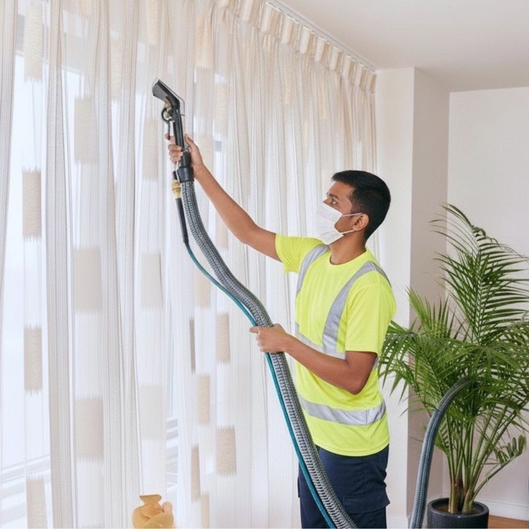 Curtain cleaning Brisbane services by a professional technician, ensuring thorough fabric care.