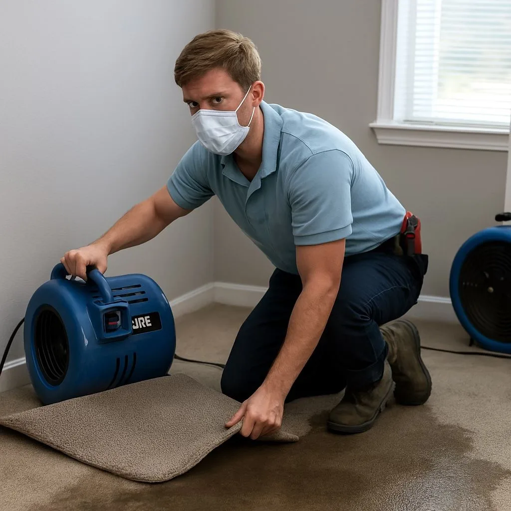 Wet carpet drying Brisbane for flood damage carpet restoration with professional drying equipment.