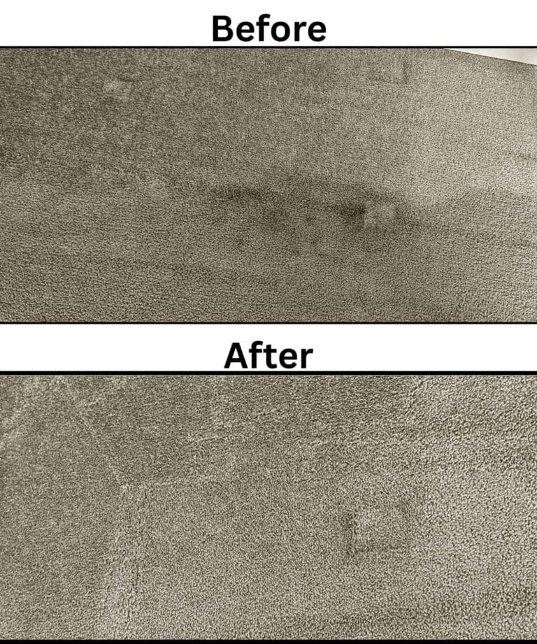Before and after residential carpet cleaning service in Brisbane, showing stains and dirt removed.