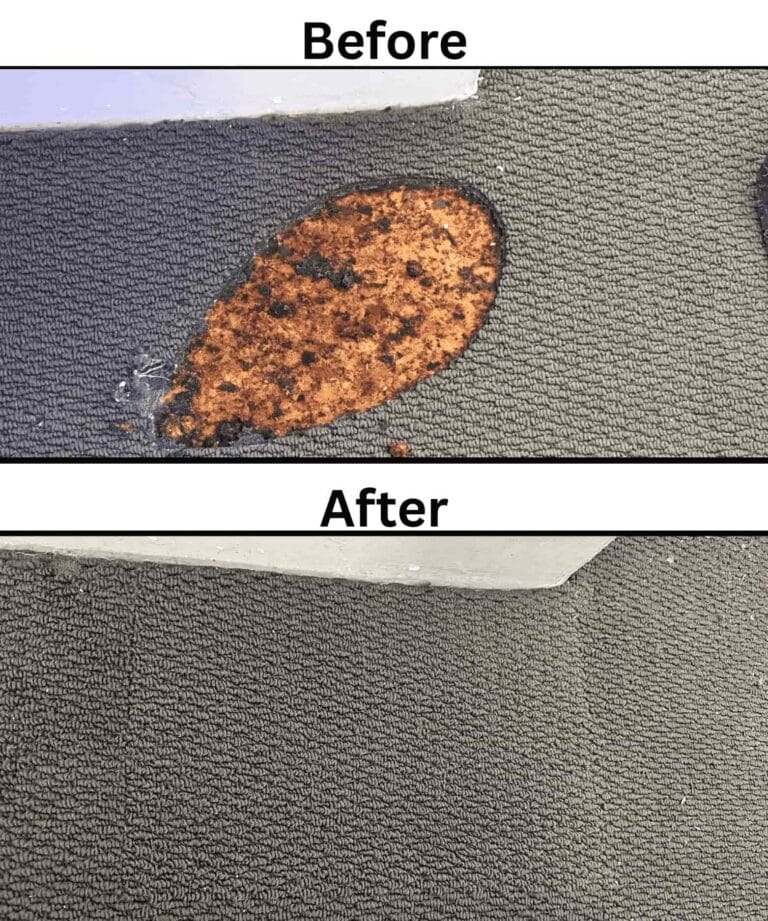Before and after professional carpet repair and patching in Brisbane, showing a burn mark completely fixed.