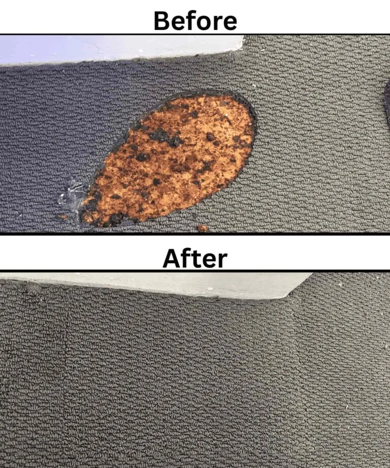 Before and after professional carpet repair and patching in Brisbane, showing a burn mark completely fixed.