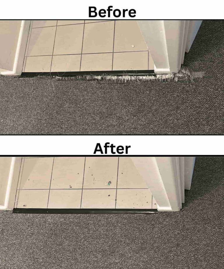 Before and after professional carpet repair in Brisbane, showing a frayed doorway seam fixed.