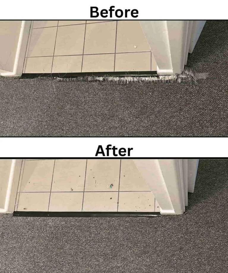 Before and after professional carpet repair in Brisbane, showing a frayed doorway seam fixed.