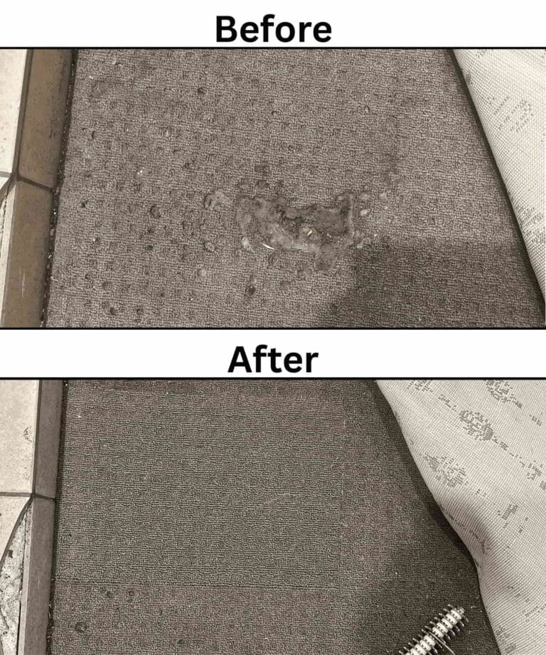 Before and after carpet repair service, showing a carpet tear professionally patched.