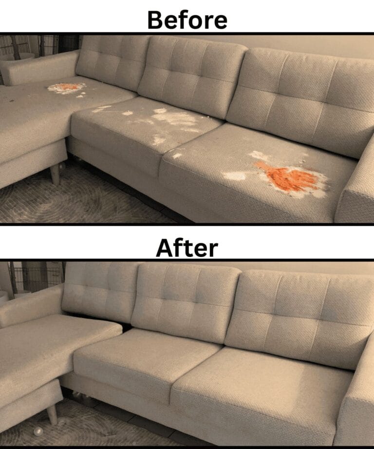 Before and after professional couch cleaning in Brisbane, showing stains completely removed from a sofa.