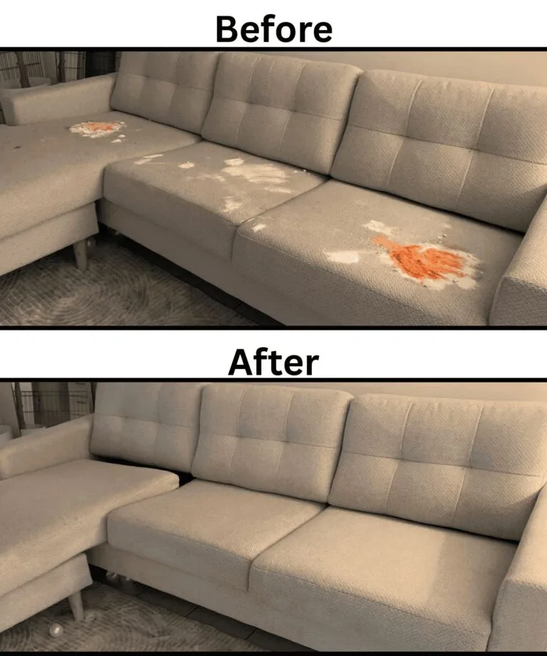 Before and after professional couch cleaning in Brisbane, showing stains completely removed from a sofa.