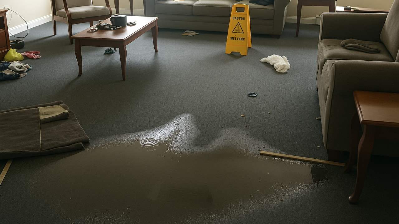 Before flood damage restoration: a saturated and dark wet carpetwith visible standing water on the surface.