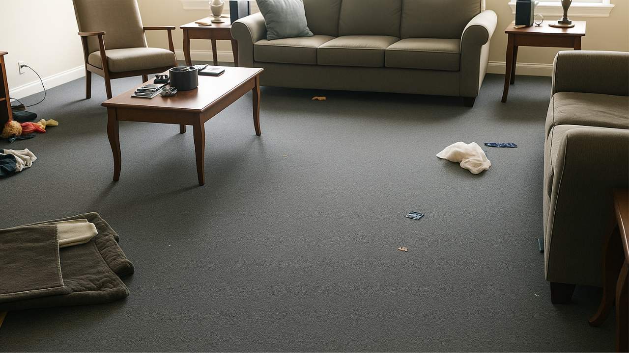 After flood damage restoration: a completely dry, clean, and restored carpet and floor area.