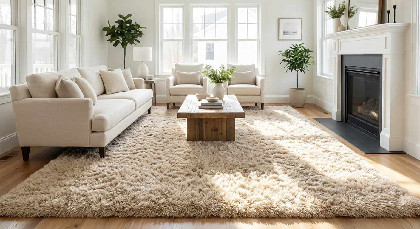 A pristine beige area rug in a modern living room in Brisbane, cleaned by professionals.
