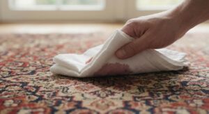 Blotting a stain on a carpet using a clean white cloth to prevent spreading.