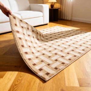Rotating a rug to prevent sun fading and uneven wear patterns.