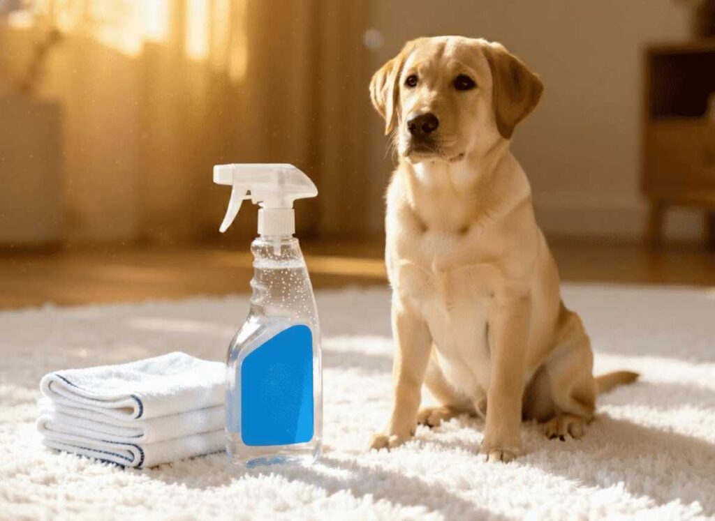 Dog sitting on clean white carpet with professional cleaning supplies and spray bottles