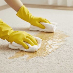 Hands in yellow gloves properly blotting dog urine stain from carpet with white towels