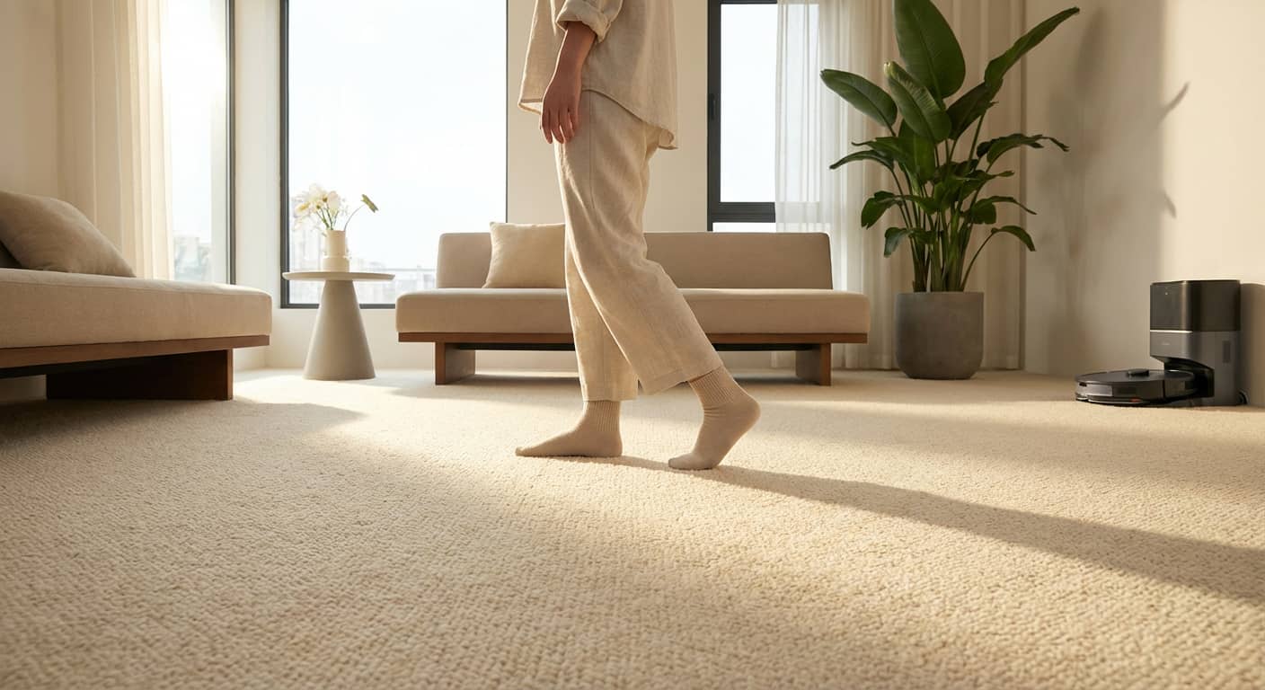 Freshly cleaned cream carpet in a modern Brisbane living room.