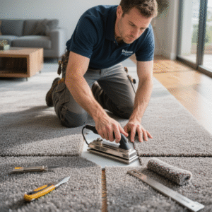 Professional carpet repair technician patching damaged carpet in Brisbane home