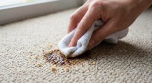 Blotting a coffee stain on a carpet to prevent spreading.